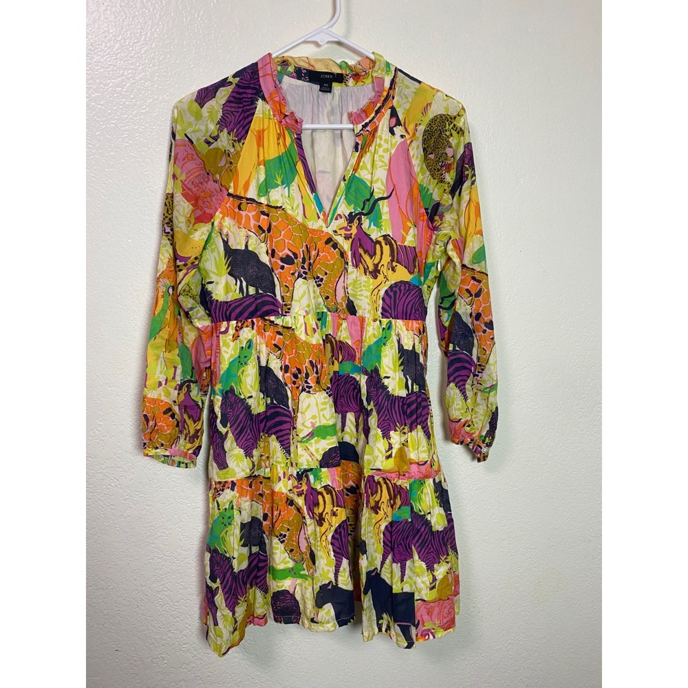 J Crew Ratti Safari Tiered Popover Animal Cotton Mini Dress Multi Color Boho XS